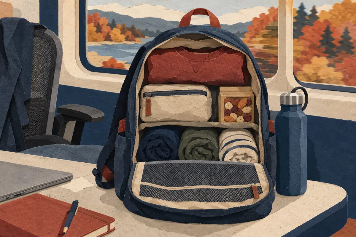 Ilustracja plecaka z ubraniami, kosmetyczką, wodą i przekąską na tle umownego okna pociągu.